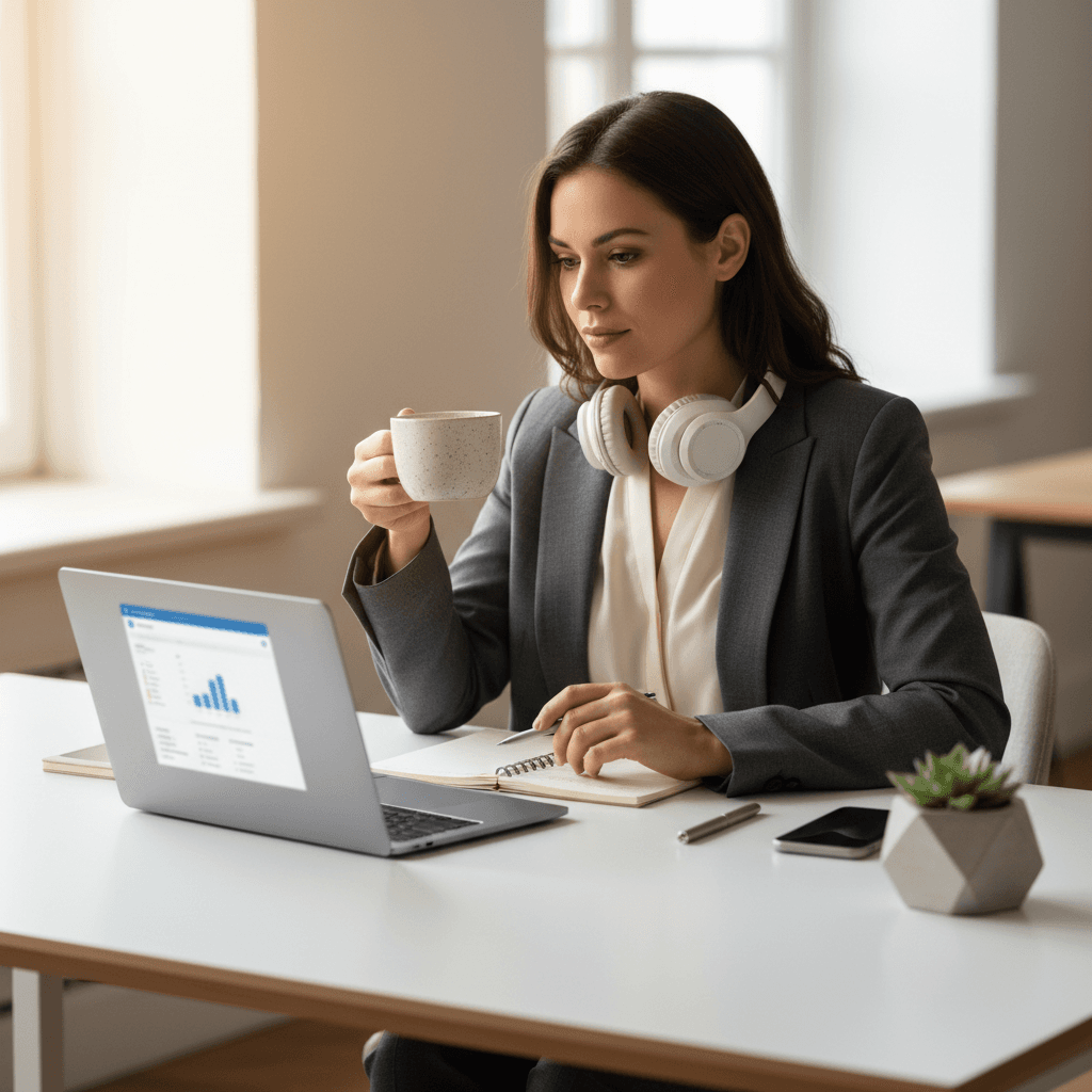 Professional woman with headphones around neck, holding coffee at laptop-equipped desk with natural window light