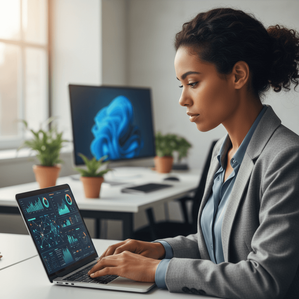 Professional woman focused on laptop displaying machine learning data dashboards in modern office environment